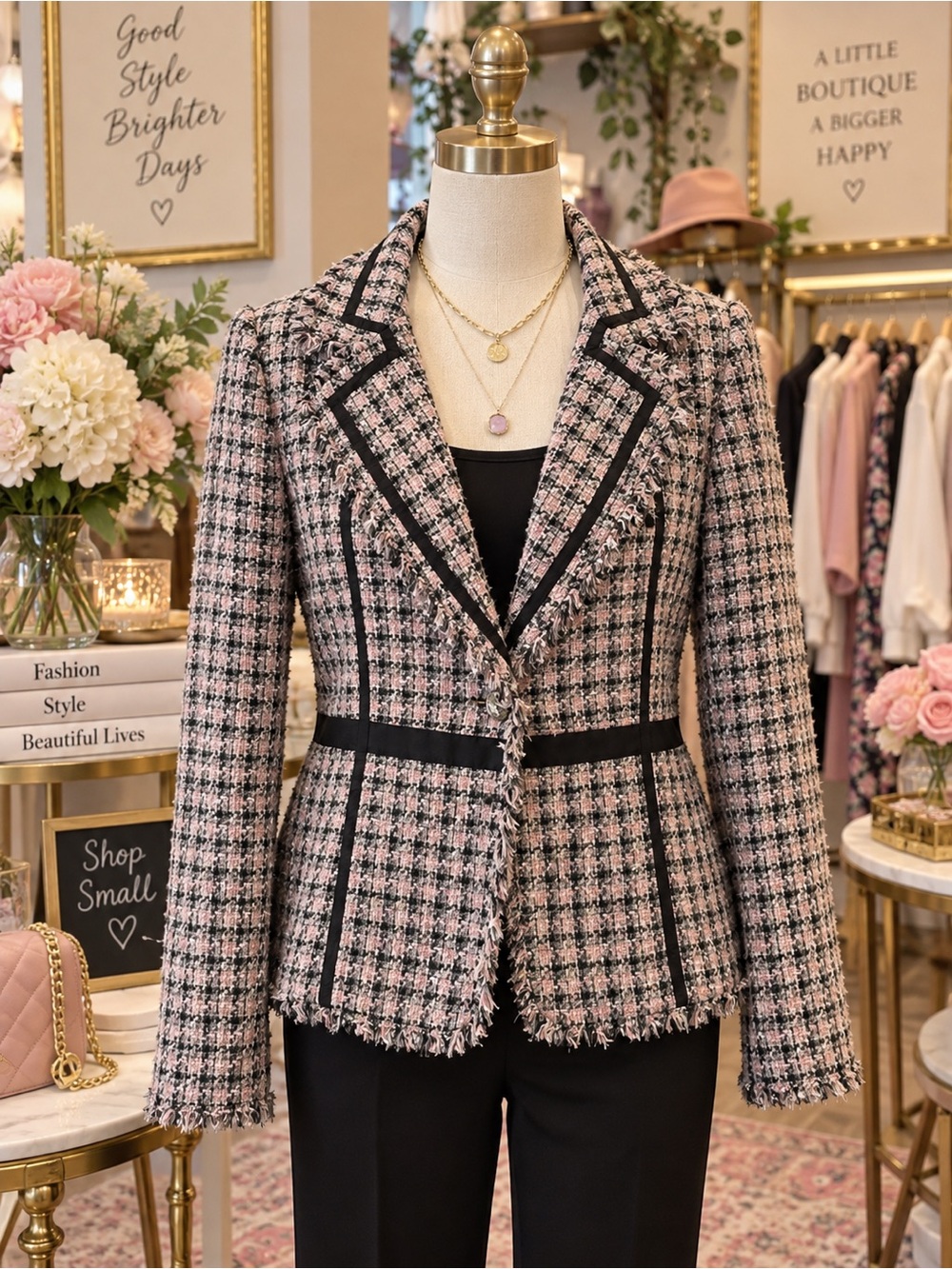 True Meaning Pink and Black Tweed Blazer Jacket